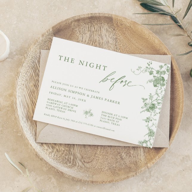 Invitación Sage Green Toile Boda Floral Ensayo Cena (Subido por el creador)