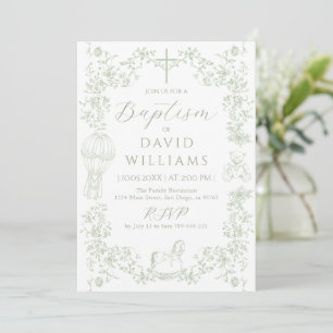 Invitación Sage Green Toile Boy Baptism Elegante Digital