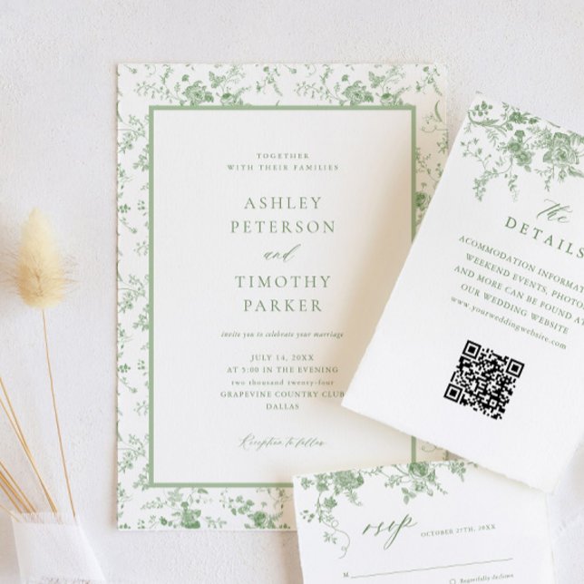 Invitación Sage Green Toile Classic Floral Boda (Subido por el creador)