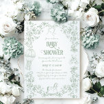 Invitación Sage Green Toile Floral Bow Bear Baby Shower<br><div class="desc">Invitación de Baby Shower al oso de flores de tela verde sage</div>