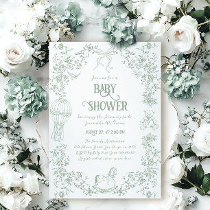 Invitación Sage Green Toile Floral Bow Bear Baby Shower
