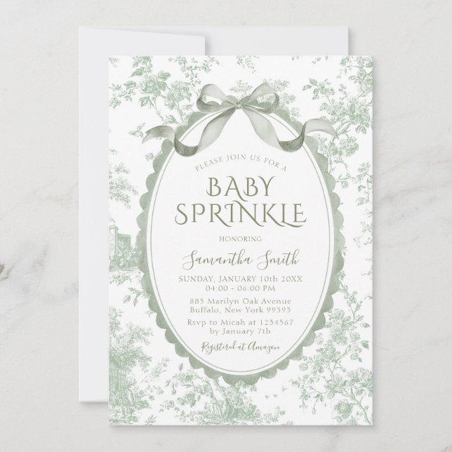 Invitación Sage Green Toile Floral Chinoiserie Baby Sprinkle (Anverso)