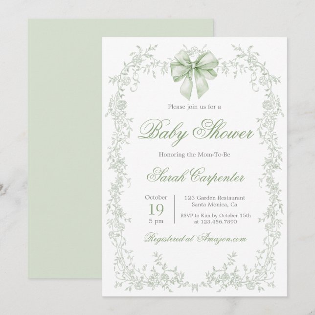 Invitación Sage Green Toile y Bow Baby Shower (Anverso / Reverso)