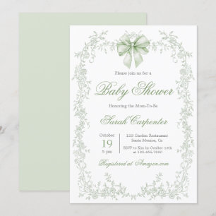 Invitación Sage Green Toile y Bow Baby Shower