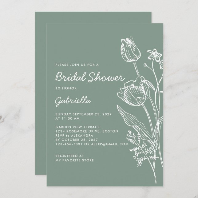 Invitación Sage Green Tulip Line Art Garden Bridal Shower (Anverso / Reverso)