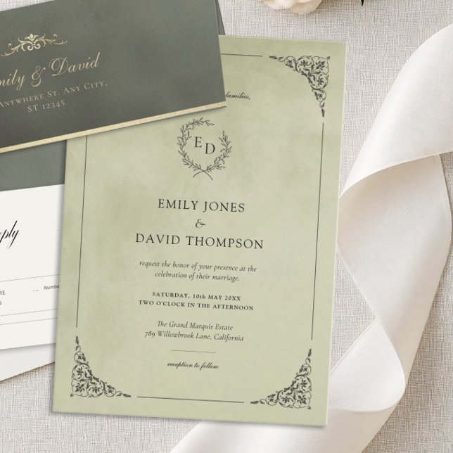 Invitación Sage Green Velvet Laurel Wreath Minimalist Wedding (Subido por el creador)