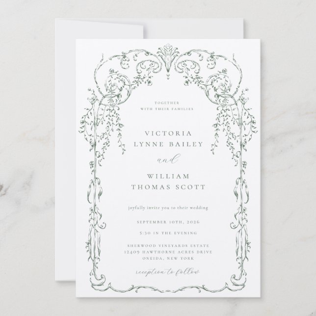 Invitación Sage Green Victorian Frame Boda (Anverso)
