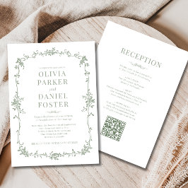 Invitación Sage Green Victorian QR Code All in One Wedding 