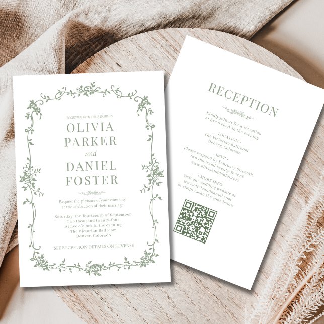 Invitación Sage Green Victorian QR Code All in One Wedding  (Subido por el creador)
