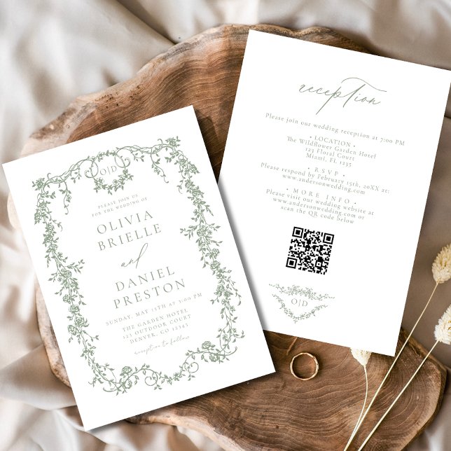 Invitación Sage Green Victorian QR Code In One Boda (Subido por el creador)