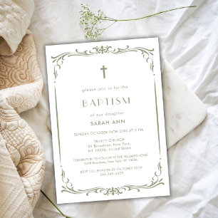 Invitación Sage Green Vintage Baptism Crowne