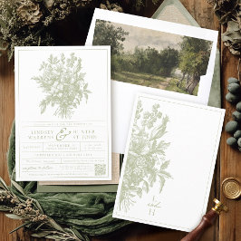 Invitación Sage Green Vintage Floral Elegante Boda Jardín