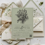 Invitación Sage Green Vintage Floral Romantic Garden Wedding<br><div class="desc">Personalice esta romántica y elegante invitación a bodas en el jardín botánico verde sabio con un clásico ramo de flores de boho negro con detalles de tipografía de caligrafía de estilo dinero antiguo en un sofisticado diseño estilo de línea antigua junto con su código QR personalizado y sitio web boda...</div>