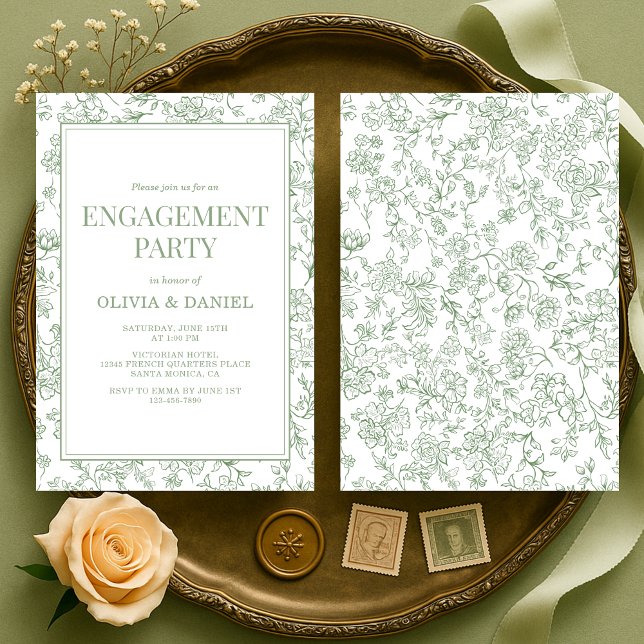 Invitación Sage Green Vintage French Floral Engagement Party (Subido por el creador)