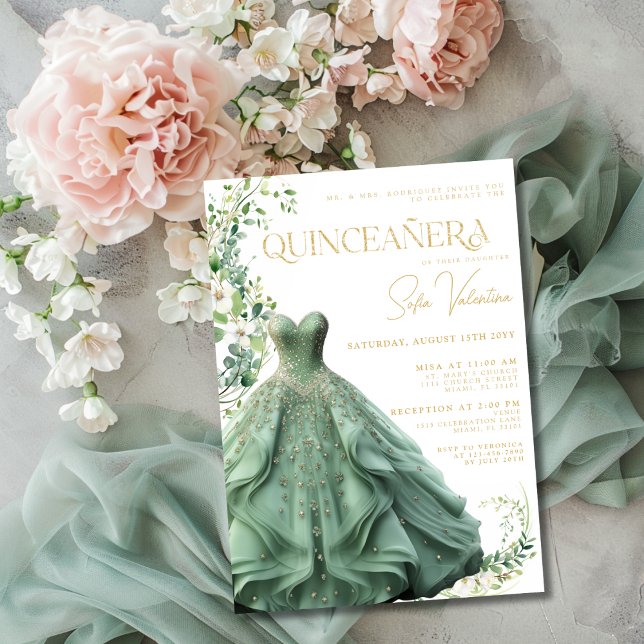Invitación Sage Green Vress Gown Floral Princesa Quinceañera (Sage Green Dress Gown Floral Princess Quinceañera Invitation)