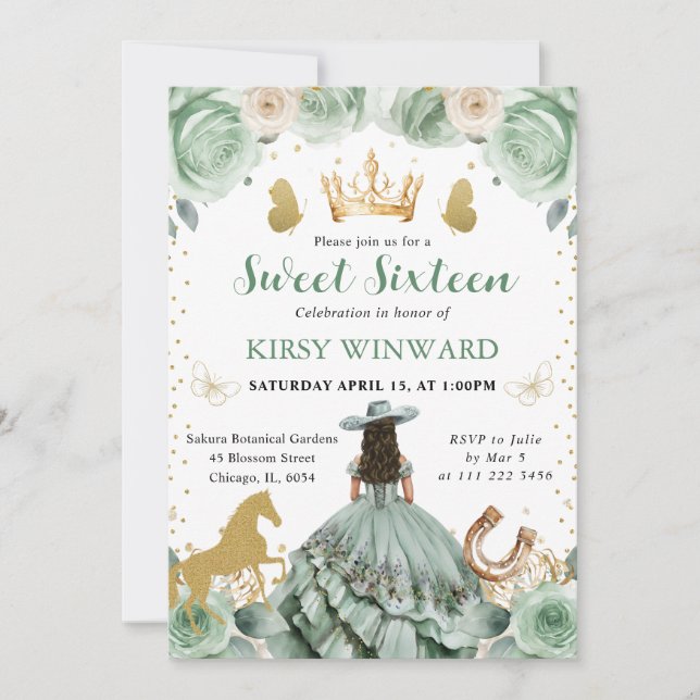 Invitación Sage Green Vress Western Princess Sweet 16 (Anverso)