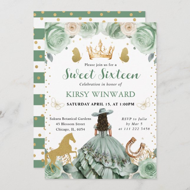 Invitación Sage Green Vress Western Princess Sweet 16 (Anverso / Reverso)