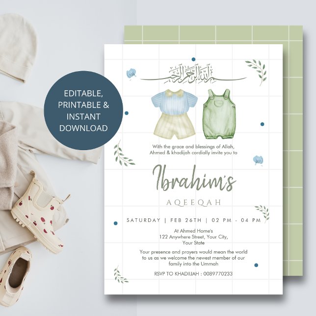 Invitación Sage Green Watercolor Baby Boy Aqeeqah Invitation (Subido por el creador)