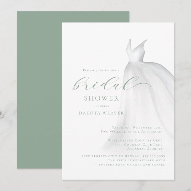 Invitación Sage Green Watercolor Boda Vestido Bridal Shower (Anverso / Reverso)