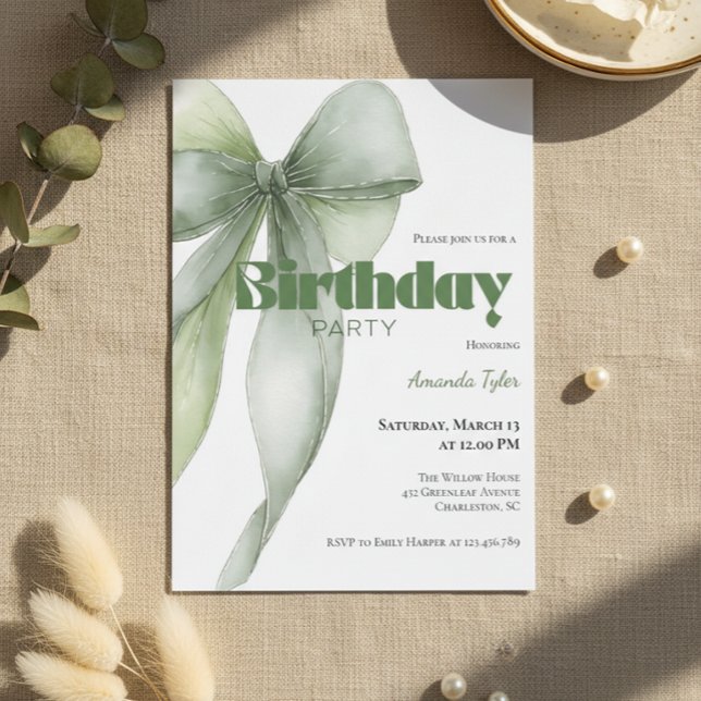 Invitación Sage Green Watercolor Bow Birthday  (Sage green watercolor bow birthday invitation with elegant neutral design)