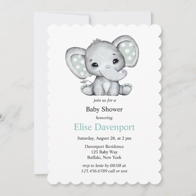 Invitación Sage Green Watercolor Elephant Baby Shower (Anverso)