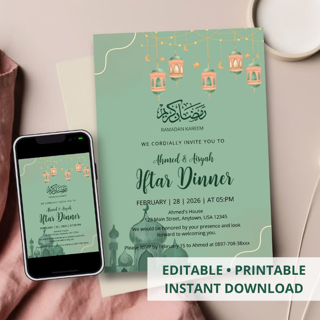 Invitación Sage Green Watercolor Mosque Iftar Dinner (Subido por el creador)