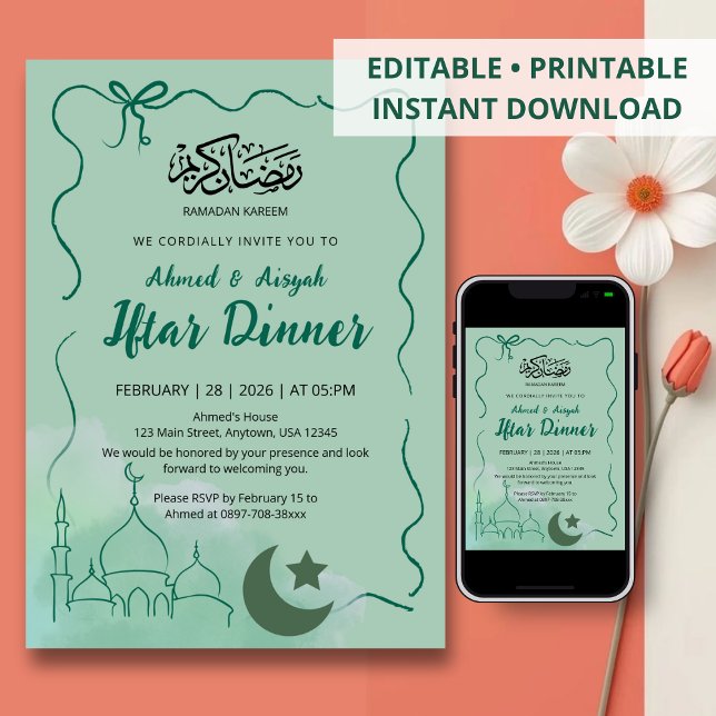 Invitación Sage Green Watercolor Mosque Iftar Dinner (Subido por el creador)