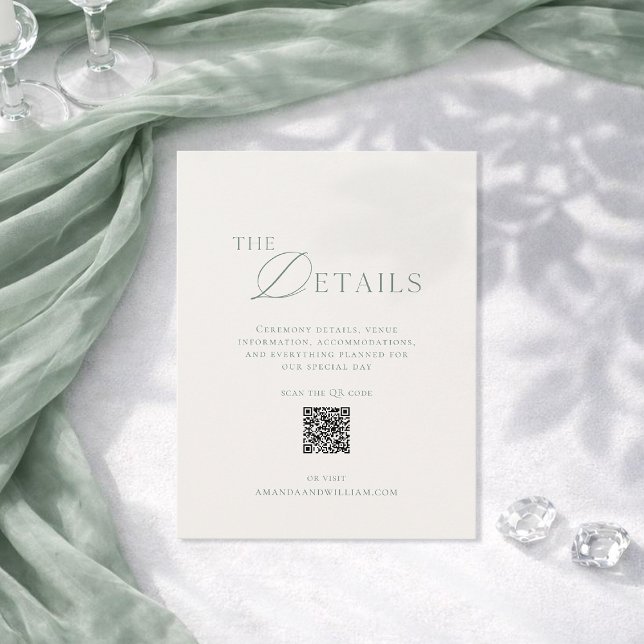 Invitación Sage Green Wedding Details Card with QR Code (Subido por el creador)