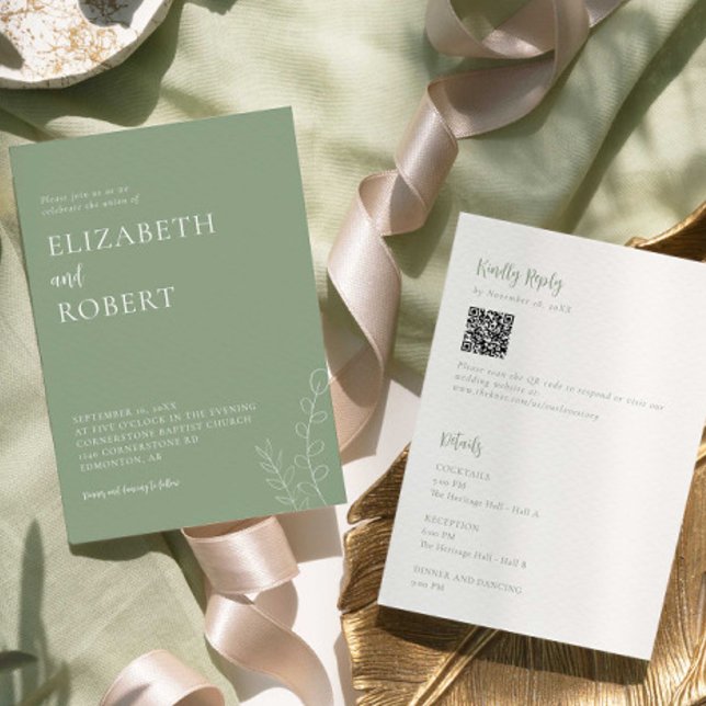 Invitación Sage Green Wedding Minimalist Modern QR Code (Subido por el creador)