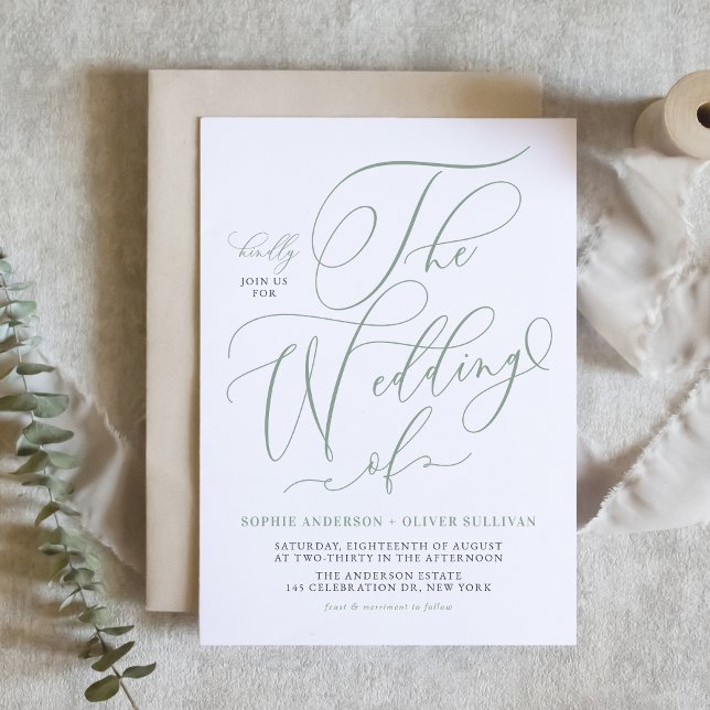 Invitación Sage Green Whimsical Calligraphy Boda (Sage Green Whimsical Calligraphy Wedding Invitation)