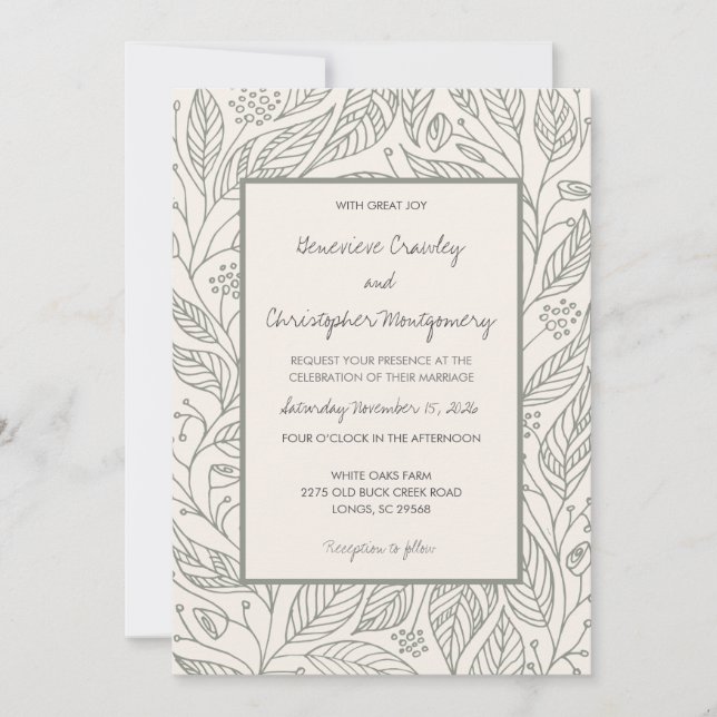 Invitación Sage Green Whimsy Hand Drawing Foliage Boda (Anverso)