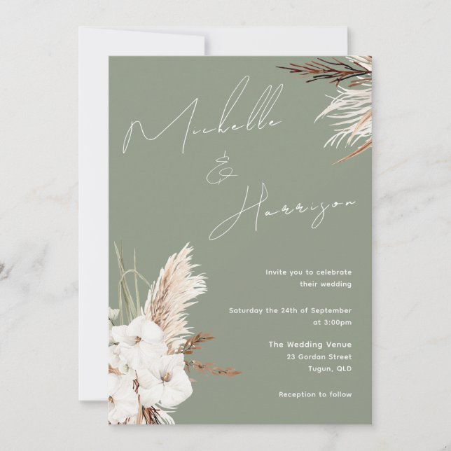 Invitación Sage Green White Boho Floral Moderno Boda (Anverso)