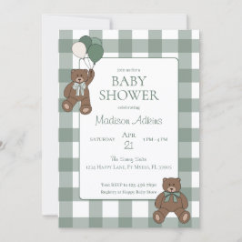 Invitación Sage Green White Bows and Teddy Bears Baby Shower