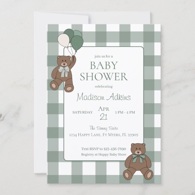 Invitación Sage Green White Bows and Teddy Bears Baby Shower (Anverso)