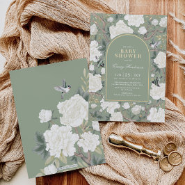 Invitación Sage Green White Chinoiserie Floral Baby Shower