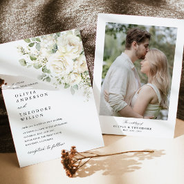 Invitación Sage Green White Floral Elegant Photo Back Wedding
