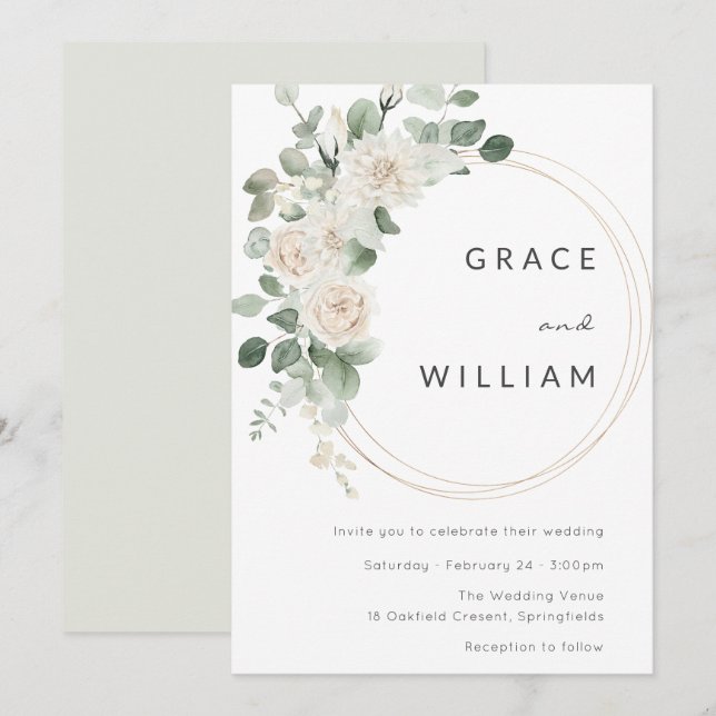 Invitación Sage Green White Floral Moderno Boda (Anverso / Reverso)