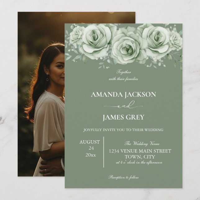 Invitación Sage Green White Floral Photo Back Wedding  (Anverso / Reverso)