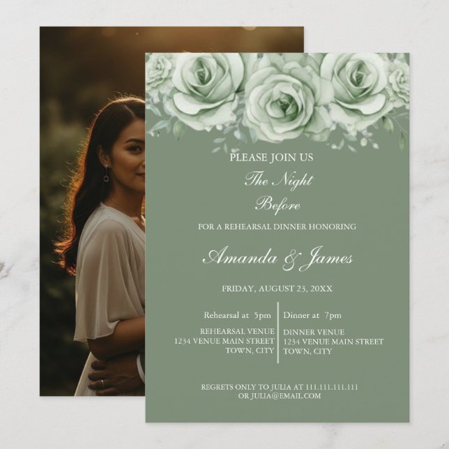 Invitación Sage Green White Floral Rehearsal Dinner (Anverso / Reverso)