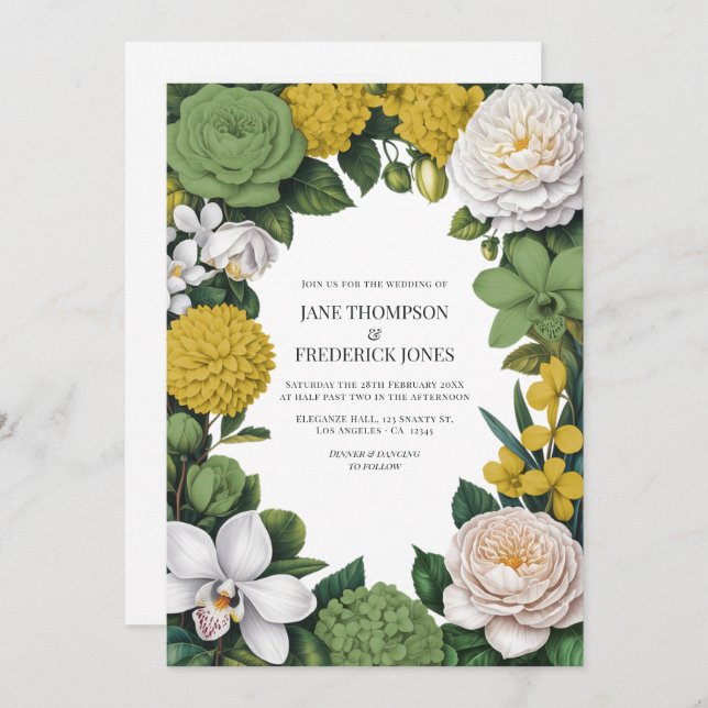 Invitación Sage Green, White & Gold Floral Wedding (Anverso / Reverso)