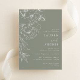 Invitación Sage Green White Line Art Floral Wedding