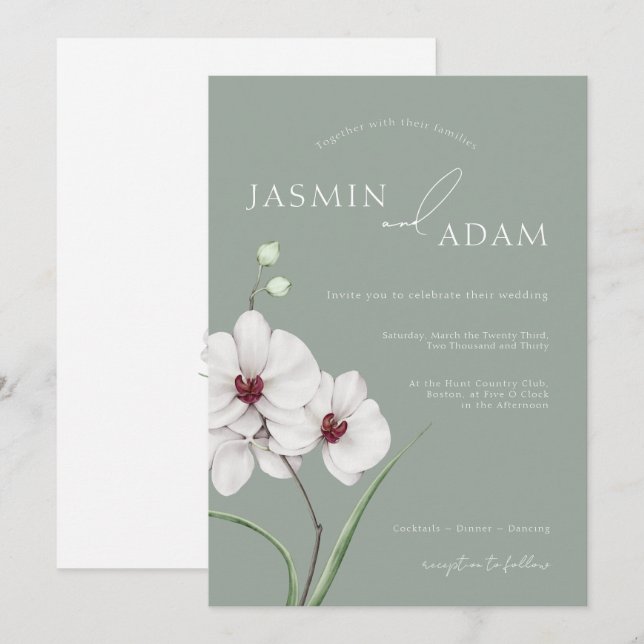 Invitación Sage Green White Orchids Iniciales Boda Floral (Anverso / Reverso)