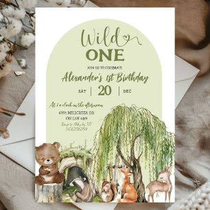 Invitación Sage Green Wild One Woodland Animals 1er cumpleaño