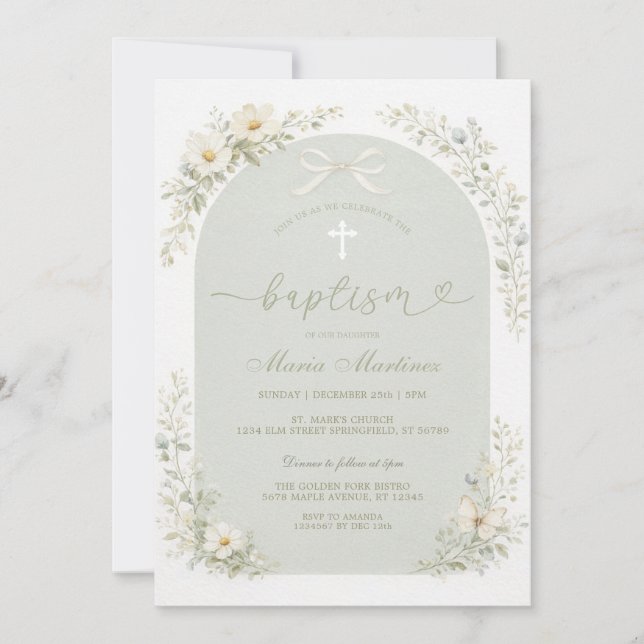 Invitación Sage Green Wildflower Arch Baptism Invitation (Anverso)