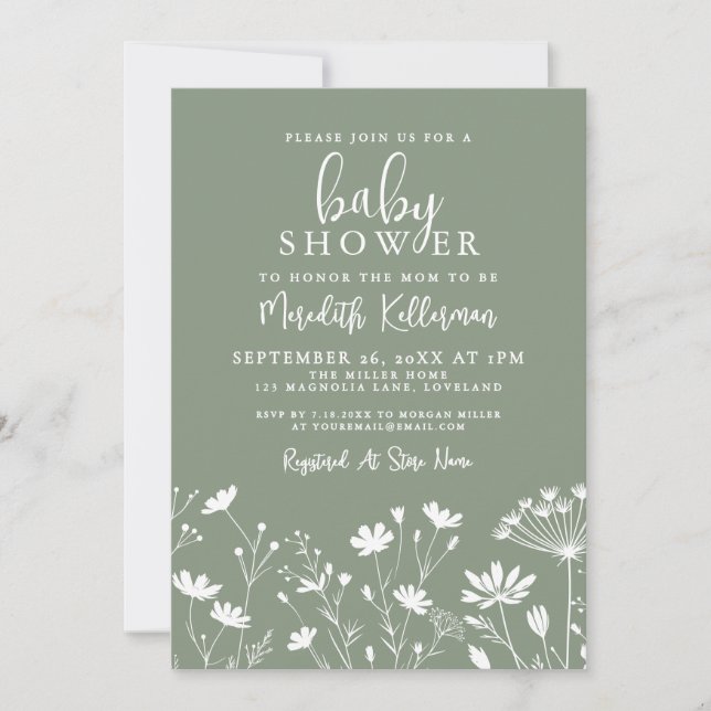 Invitación Sage Green Wildflower Baby Shower (Anverso)