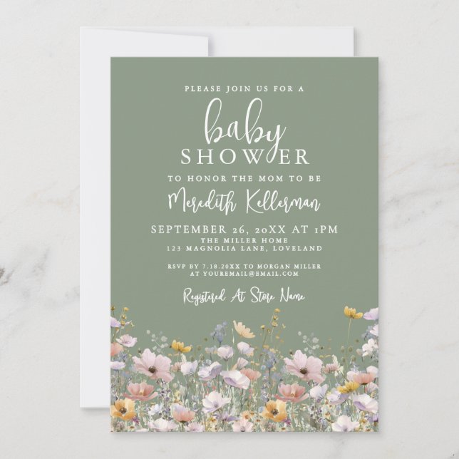 Invitación Sage Green Wildflower Baby Shower (Anverso)