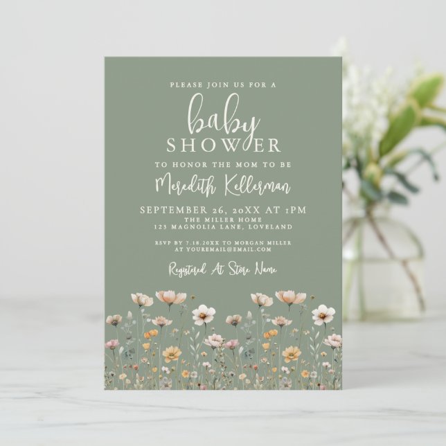 Invitación Sage Green Wildflower Baby Shower (Anverso de pie)
