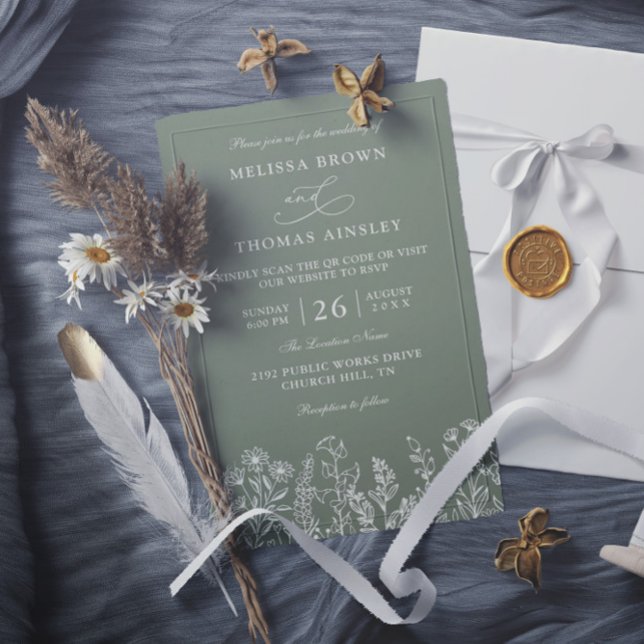 Invitación Sage Green Wildflower Boho Budget QR Code Wedding (Subido por el creador)