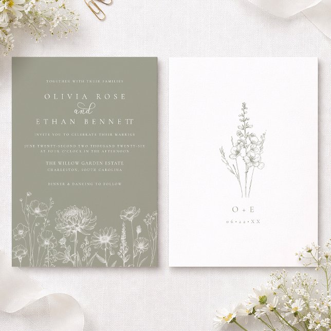 Invitación Sage Green Wildflower Line Art Wedding  (Sage Green Wedding Invite Front & Back)