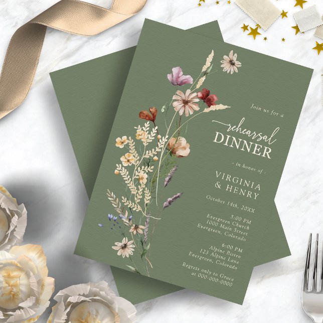 Invitación Sage Green Wildflowers Revista Cena (Boho Sage Green Wildflowers Rehearsal Dinner Invitation by Painted Paperie
)